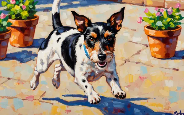 A vibrant 4K Ultra HD PC desktop wallpaper featuring a lively black and white dog playfully running on a sunlit patio surrounded by colorful potted flowers.