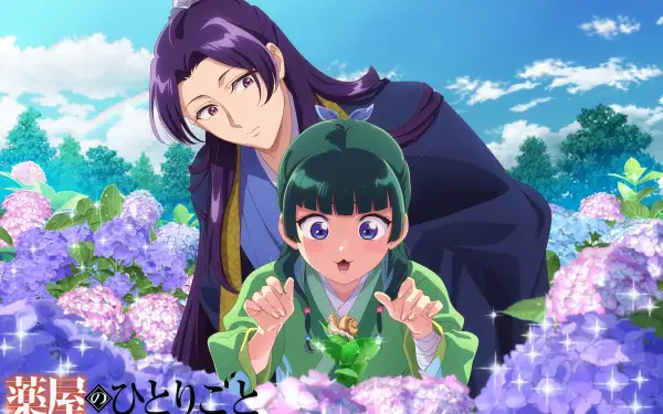 4K Ultra HD PC desktop wallpaper: Anime scene from The Apothecary Diaries — Maomao startled among purple hydrangeas as Jinshi leans over her beneath a bright blue sky.