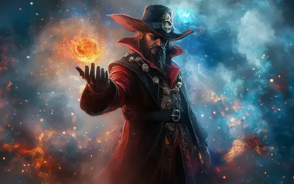 HD desktop wallpaper of a wizard in a wide-brimmed hat casting a fiery spell, surrounded by glowing magical energy and smoke.