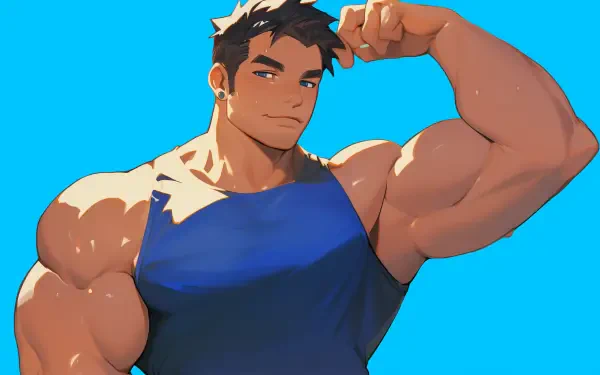 Anime-style HD desktop wallpaper featuring a muscular sigma male with giga chad vibes, flexing confidently against a bright blue background.