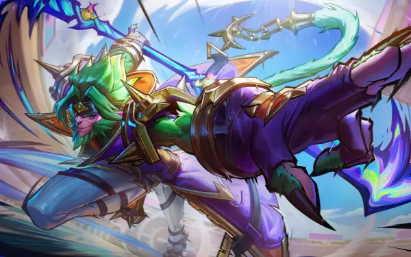 8K Ultra HD League of Legends wallpaper featuring Wukong mid-action, showcasing dynamic motion and vibrant colors on a PC desktop background.