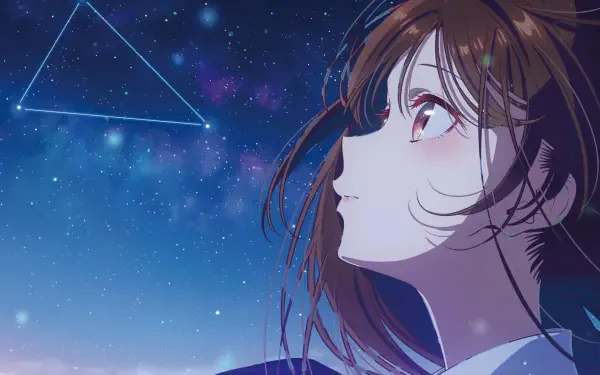 HD PC wallpaper of Chizuru Ichinose from Rent-A-Girlfriend, gazing up at a starry night sky with faint geometric constellations.