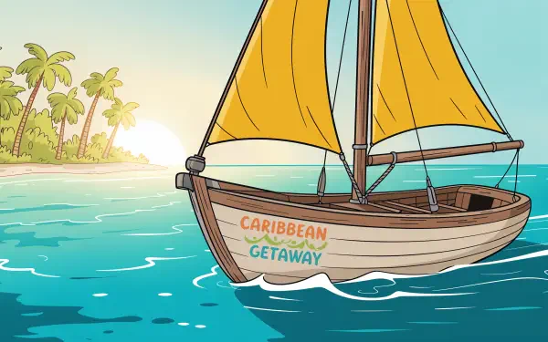 4K Ultra HD Caribbean desktop wallpaper featuring a sailboat with yellow sails near a tropical island with palm trees at sunrise or sunset.
