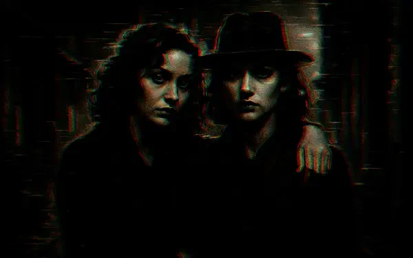 Dark, moody 4K Ultra HD desktop wallpaper featuring two women with intense expressions, embodying the theme of sisterhood in a cinematic, vintage style.