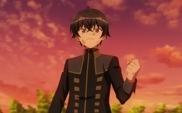 HD anime wallpaper from I'm the Evil Lord of an Intergalactic Empire! featuring a determined young male character against a vibrant sunset sky.