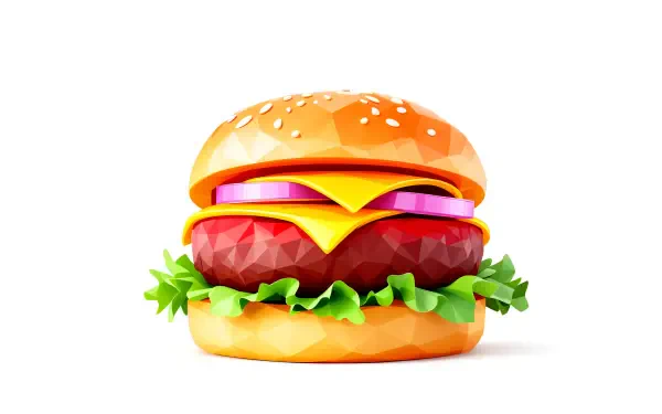 A vibrant cheeseburger illustration with lettuce, tomato, cheese, and sesame seed bun, rendered in 4K Ultra HD as a PC desktop wallpaper and background.