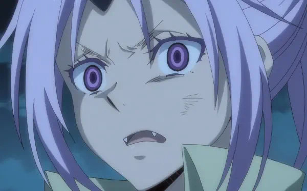 HD PC desktop wallpaper featuring Shion from the anime That Time I Got Reincarnated as a Slime, showing a close-up of her intense, determined expression.