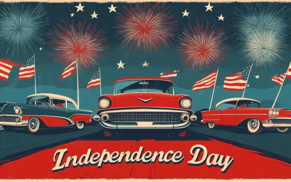 HD desktop wallpaper featuring classic cars with American flags, fireworks, and stars celebrating the 4th of July Independence Day holiday.