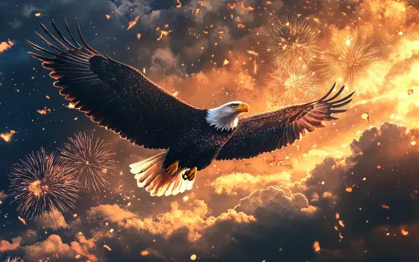HD desktop wallpaper of a bald eagle soaring against a fiery sky with fireworks celebrating the 4th of July Independence Day holiday.