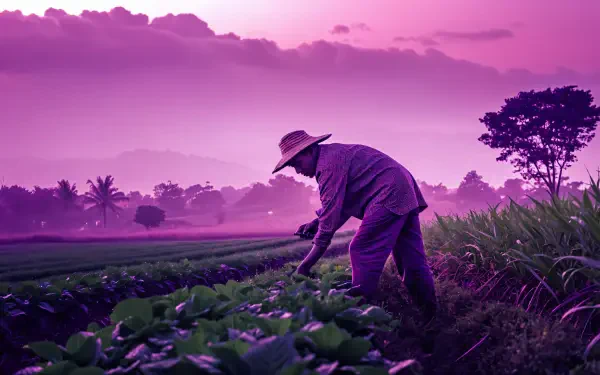 A farmer tending crops at dawn in a scenic field, captured in vibrant purple hues for a 4K Ultra HD PC desktop wallpaper and background.
