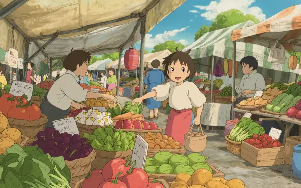 HD PC desktop wallpaper depicting a vibrant farmers market scene with fresh produce, colorful stalls, and animated characters under a sunny sky.