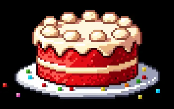 Pixel art of a red velvet cake with white frosting and nuts on top, displayed as a 4K Ultra HD PC desktop wallpaper and background.