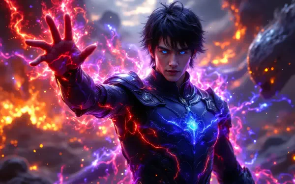 anime boy Power Man electric powers fantasy warrior glowing eyes HD Desktop Wallpaper | Background Image