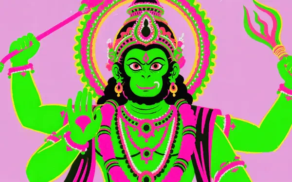 4K Ultra HD desktop wallpaper of Lord Hanuman depicted in vibrant neon colors with multiple arms holding symbolic weapons and a radiant halo behind him.