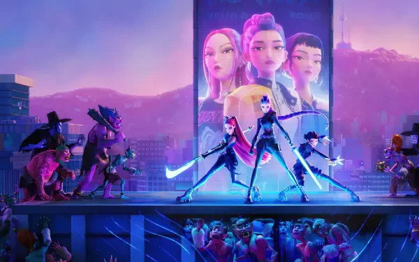 KPop Demon Hunters showcased in a vibrant 4K Ultra HD desktop wallpaper, featuring dynamic characters in a futuristic cityscape at twilight.