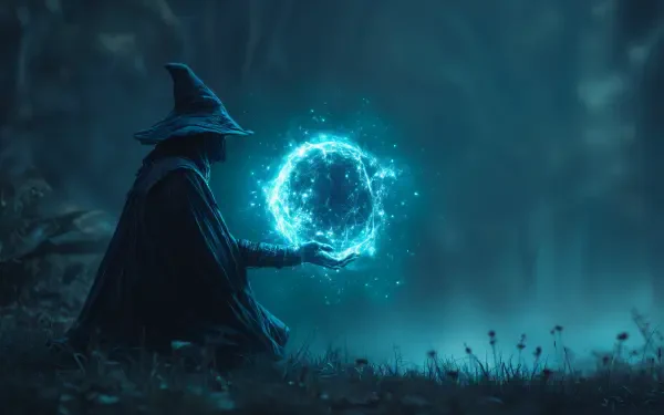 A cloaked wizard conjures a glowing blue magic spell in a dark, misty forest, captured in vibrant 4K Ultra HD for a fantasy PC desktop wallpaper.