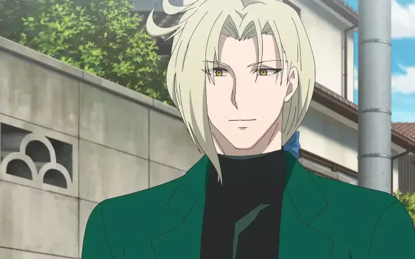 HD retro anime wallpaper featuring a character from Hell Teacher: Jigoku Sensei Nube standing outdoors with a serene expression and light-colored hair.