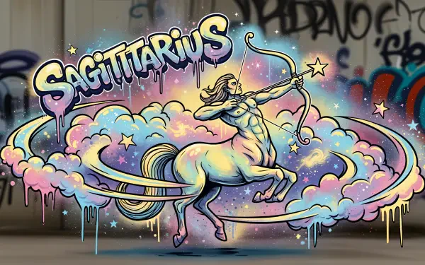 Vibrant 4K Ultra HD wallpaper featuring a colorful Sagittarius centaur archer surrounded by cosmic clouds and stars, blending astrology with street art style.