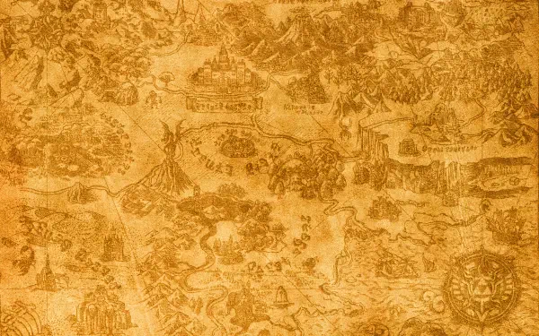 HD PC desktop wallpaper featuring a detailed, sepia-toned map from The Legend of Zelda: Tears of the Kingdom.