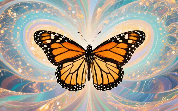 A vibrant monarch butterfly with detailed orange and black wings set against a dynamic, abstract background in 4K Ultra HD quality, designed as a PC desktop wallpaper.