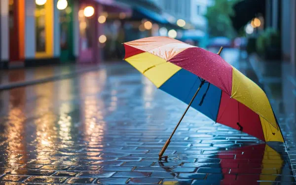 A colorful umbrella rests on a wet cobblestone street during rainy weather, captured in vibrant 4K Ultra HD for a striking PC desktop wallpaper.