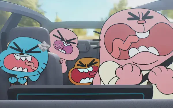 HD PC desktop wallpaper featuring characters from the TV show The Wonderfully Weird World of Gumball inside a car with expressive, animated faces.