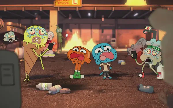 HD PC desktop wallpaper featuring characters from the TV show The Wonderfully Weird World of Gumball in a dramatic, fiery industrial setting.