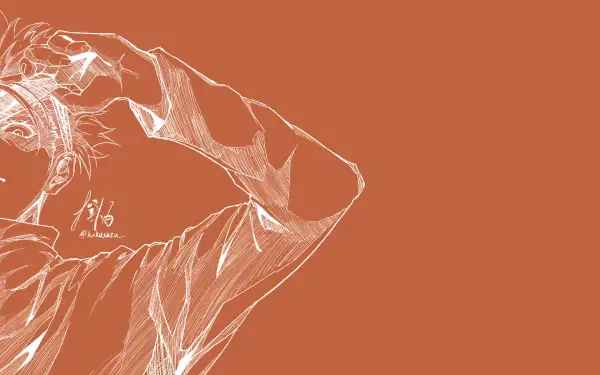 Minimalist orange-themed HD PC wallpaper featuring a line art of Satoru Gojo from the anime Jujutsu Kaisen.