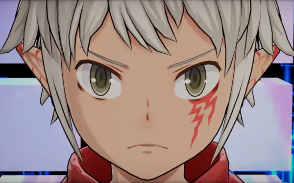 HD PC desktop wallpaper featuring a close-up of a determined character from the video game Digimon Story: Time Stranger with a red lightning scar on the face.