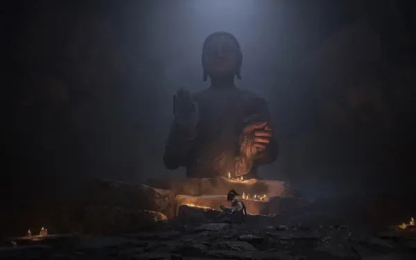 HD PC desktop wallpaper from the video game Wuchang: Fallen Feathers, depicting a mysterious figure emerging from shadowy surroundings.