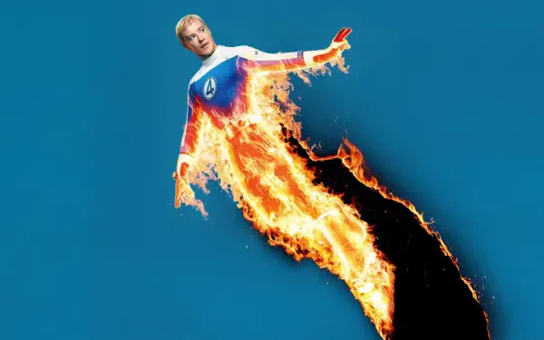 4K Ultra HD wallpaper of Joseph Quinn as Human Torch from The Fantastic Four: First Steps, showcasing fiery powers against a blue background.