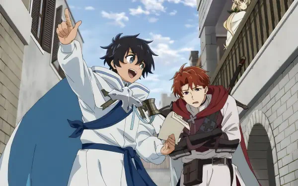 Anime-style 4K Ultra HD desktop wallpaper from The Water Magician, featuring two characters in medieval attire interacting in a narrow stone alley.