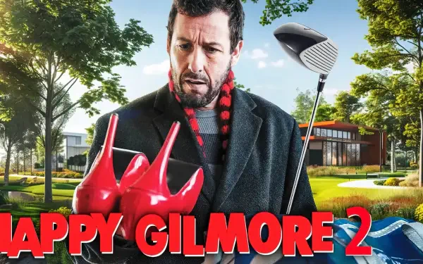 HD PC desktop wallpaper featuring a scene from the movie Happy Gilmore 2, showing a man holding red high heels and a golf club in a suburban outdoor setting.