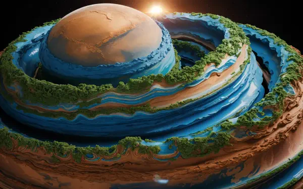 A 4K Ultra HD PC desktop wallpaper depicting a surreal, cross-sectioned planet with layered terrain, greenery, and water encircling a rocky core against a dark background.