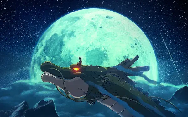 Anime HD PC desktop wallpaper featuring a glowing dragon flying through a starry night sky with a large, luminous full moon in the background.