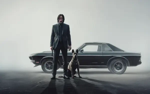 John Wick stands with a dog in front of a classic car, set against a misty background in this 4K Ultra HD PC desktop wallpaper.
