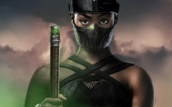 Mortal Kombat 2 (2025) 4K Ultra HD PC wallpaper featuring a masked warrior holding a glowing staff against a smoky, ominous background.