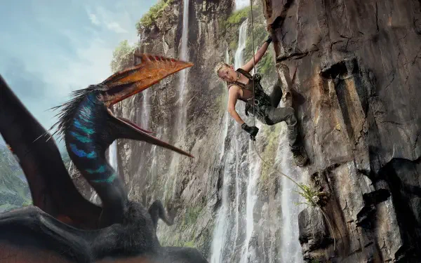 4K Ultra HD Jurassic World Rebirth wallpaper featuring a climber scaling a rocky cliff while a flying dinosaur with vibrant markings approaches below.