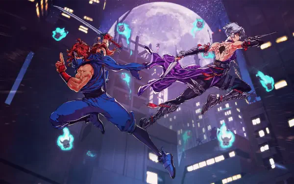 HD PC desktop wallpaper featuring dynamic combat art from the video game NINJA GAIDEN: Ragebound, showcasing two ninjas battling under a full moon in a cityscape.