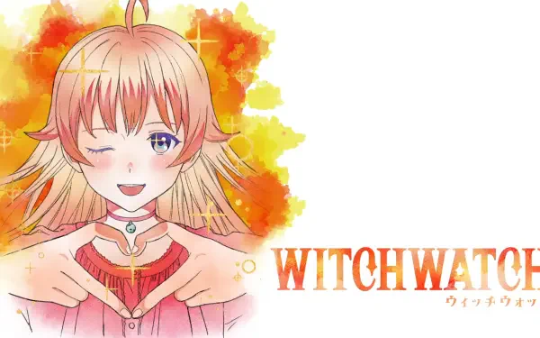 Anime HD PC wallpaper featuring Nico Wakatsuki from WITCH WATCH, with warm orange and yellow tones and the series title displayed beside the character.