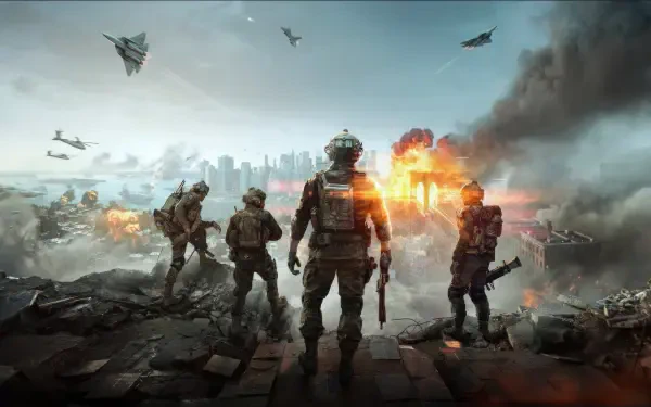 Battlefield 6 4K Ultra HD PC desktop wallpaper depicting soldiers in combat gear overlooking a fiery battlefield with jets flying overhead.