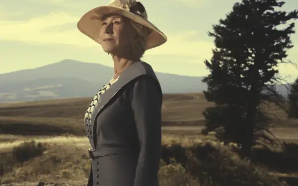 Helen Mirren in character from the TV show 1923, set against a vast rural landscape, captured in stunning 8K Ultra HD detail for a PC desktop wallpaper.