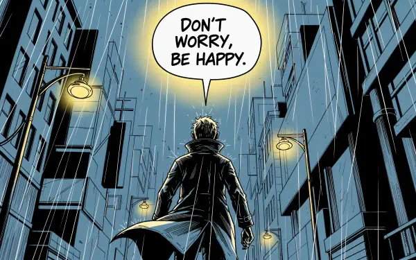 4K Ultra HD PC desktop wallpaper showing a person in a rain-soaked city street with streetlights, saying Don't worry, be happy in a glowing speech bubble.