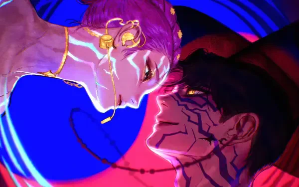 KPop Demon Hunters depicted in a vibrant 4K Ultra HD PC desktop wallpaper with striking neon colors and intense character expressions.