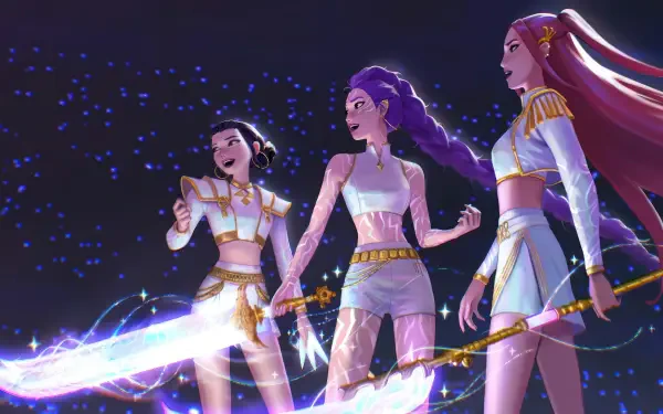 A vibrant 4K Ultra HD PC desktop wallpaper featuring three dynamic female KPop Demon Hunters wielding glowing swords against a dark, starry background.