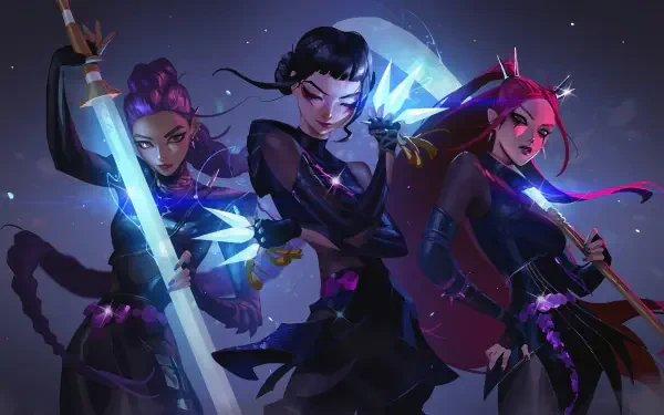 KPop Demon Hunters depicted in a dynamic 4K Ultra HD PC desktop wallpaper, showcasing three fierce characters wielding glowing weapons against a dark, mystical backdrop.