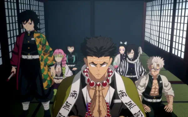 HD PC desktop wallpaper featuring characters from the anime Demon Slayer -Kimetsu no Yaiba- The Hinokami Chronicles gathered in a traditional Japanese room.