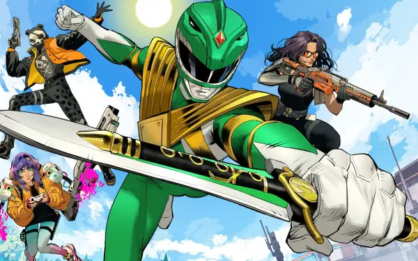 HD PC desktop wallpaper featuring dynamic Fortnite characters in action, including a green-suited hero wielding a sword against a bright blue sky backdrop.