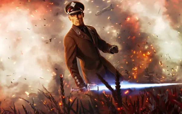 4K Ultra HD PC desktop wallpaper featuring a character from Rebel Moon - Part Two: The Scargiver, standing amid flames and smoke with a glowing blue sword.