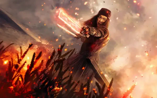 4K Ultra HD PC desktop wallpaper of Rebel Moon - Part Two: The Scargiver featuring a warrior wielding glowing swords amid fiery sparks and a smoky background.